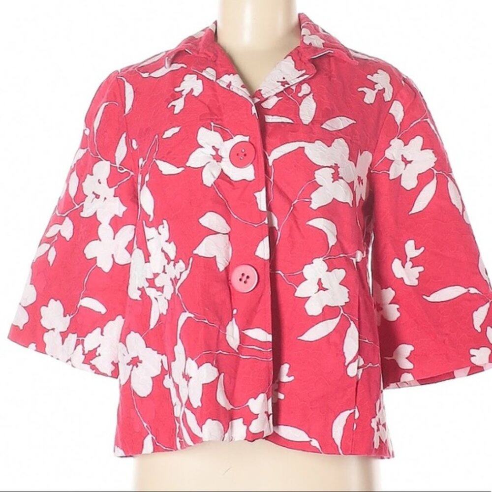 Coldwater Creek red & white floral flower two button closure jacket coat